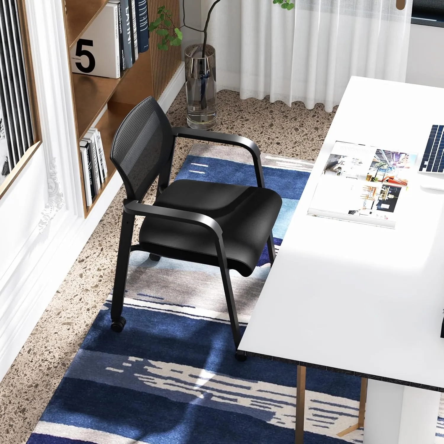 Tangkula Rolling Conference Room Chairs Set of 10, Stackable Office Guest Mesh Chairs with Armrests and Wheels, Ideal for Waiting Room Office, School, Lobby (Black)