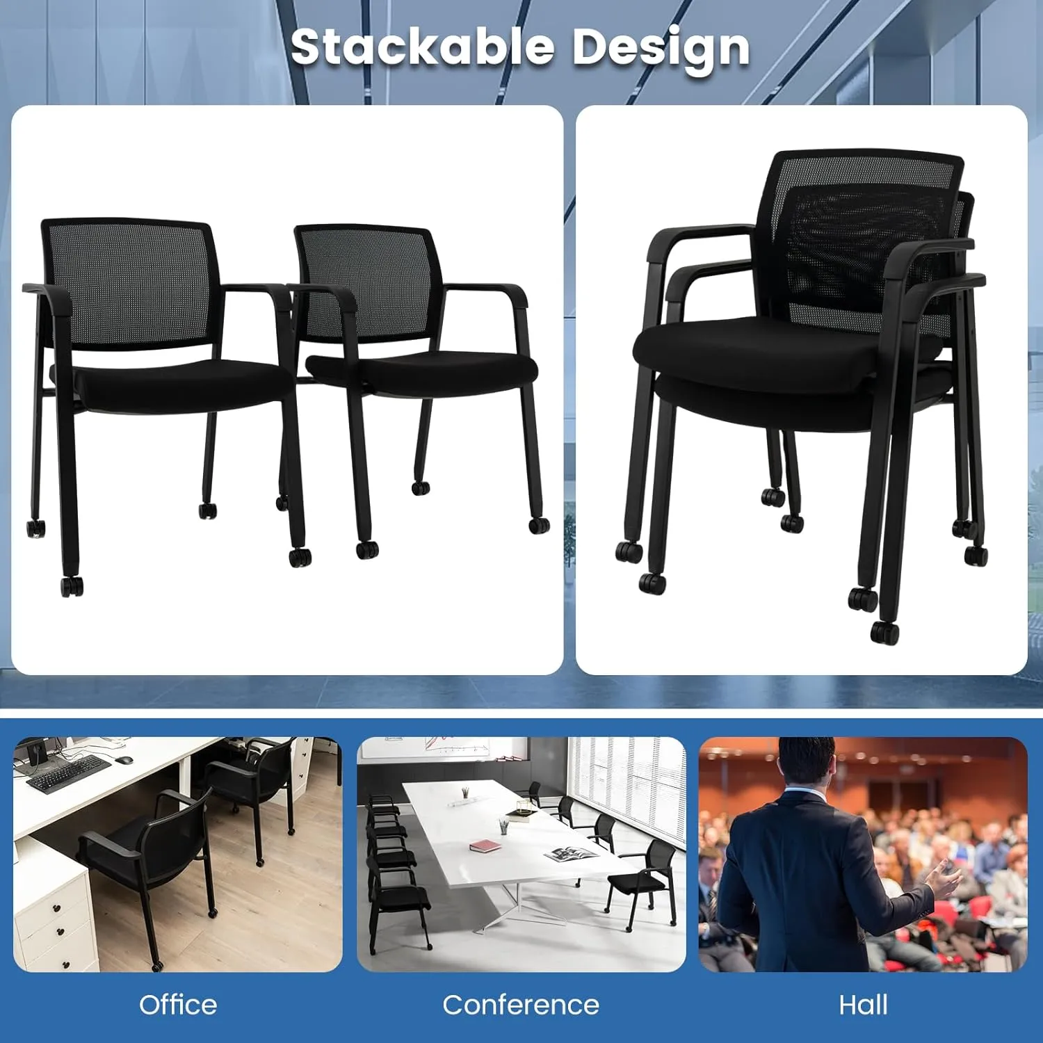 Tangkula Rolling Conference Room Chairs Set of 10, Stackable Office Guest Mesh Chairs with Armrests and Wheels, Ideal for Waiting Room Office, School, Lobby (Black)