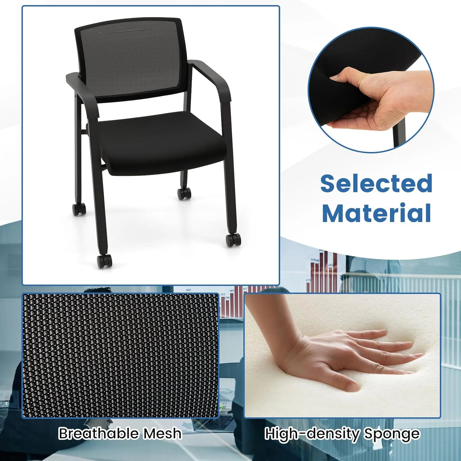 Tangkula Rolling Conference Room Chairs Set of 10, Stackable Office Guest Mesh Chairs with Armrests and Wheels, Ideal for Waiting Room Office, School, Lobby (Black)