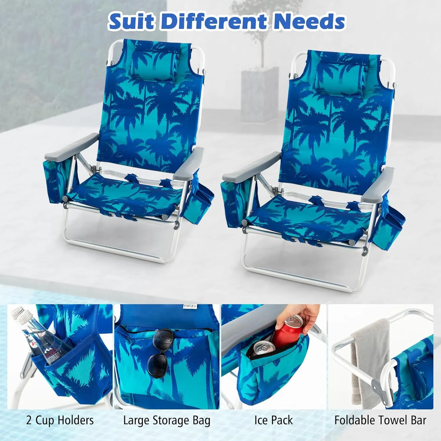Tangkula Set of 2 Backpack Beach Chair, 5-Position Lay Flat Beach Chairs with Cooler Bag, 2 Cup Holders, Towel Bar, Lightweight Folding Beach Chair with Backpack Straps