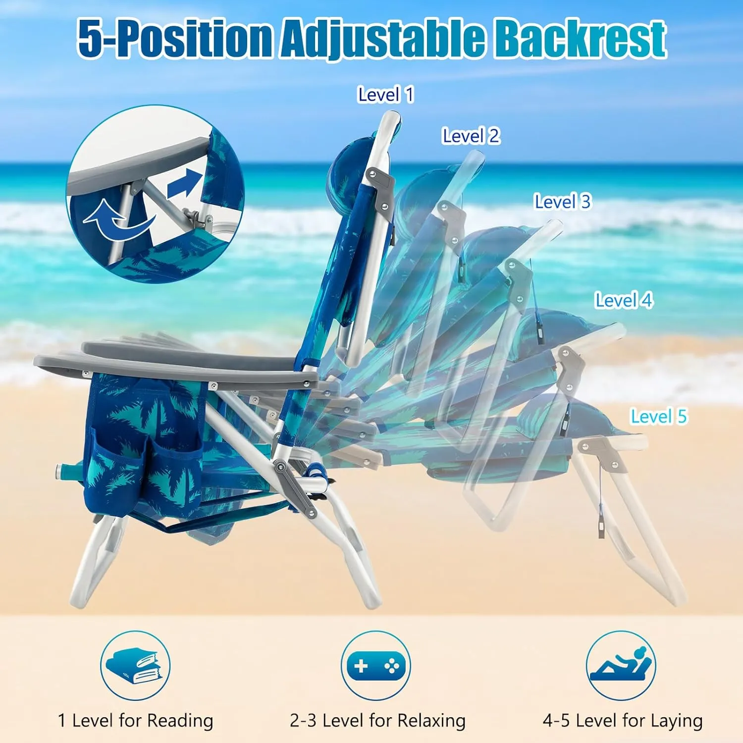 Tangkula Set of 2 Backpack Beach Chair, 5-Position Lay Flat Beach Chairs with Cooler Bag, 2 Cup Holders, Towel Bar, Lightweight Folding Beach Chair with Backpack Straps