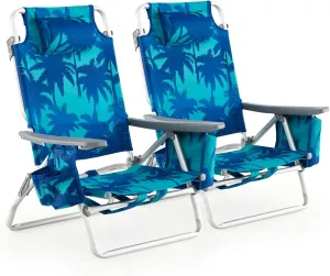 Tangkula Set of 2 Backpack Beach Chair, 5-Position Lay Flat Beach Chairs with Cooler Bag, 2 Cup Holders, Towel Bar, Lightweight Folding Beach Chair with Backpack Straps