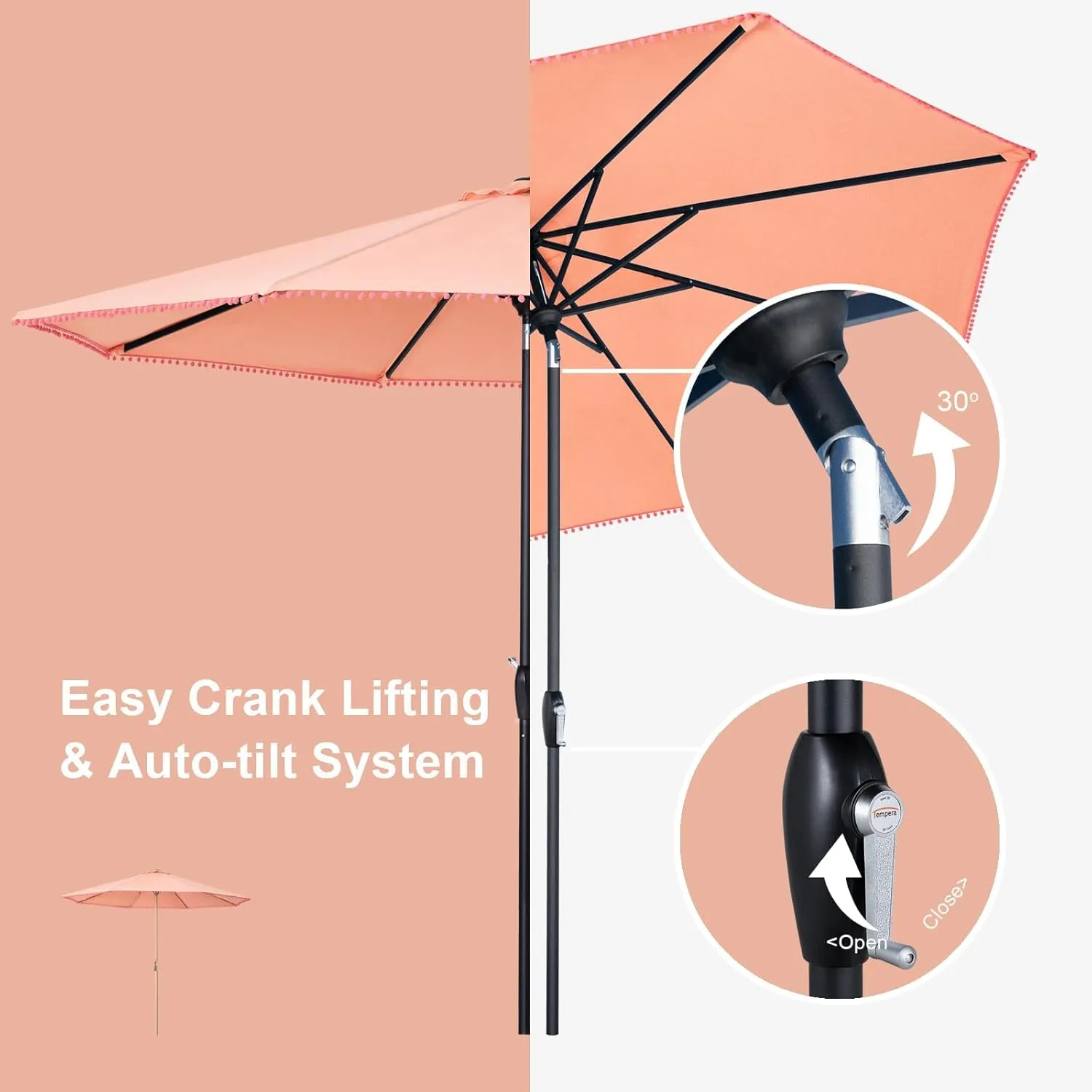 Tempera Striped Patio Umbrellas Outdoor Table Market Umbrellas with Crank & Pust Button Tilt|Auto-Tilt, 8 Steel Ribs, High Color-Fastness Canopy