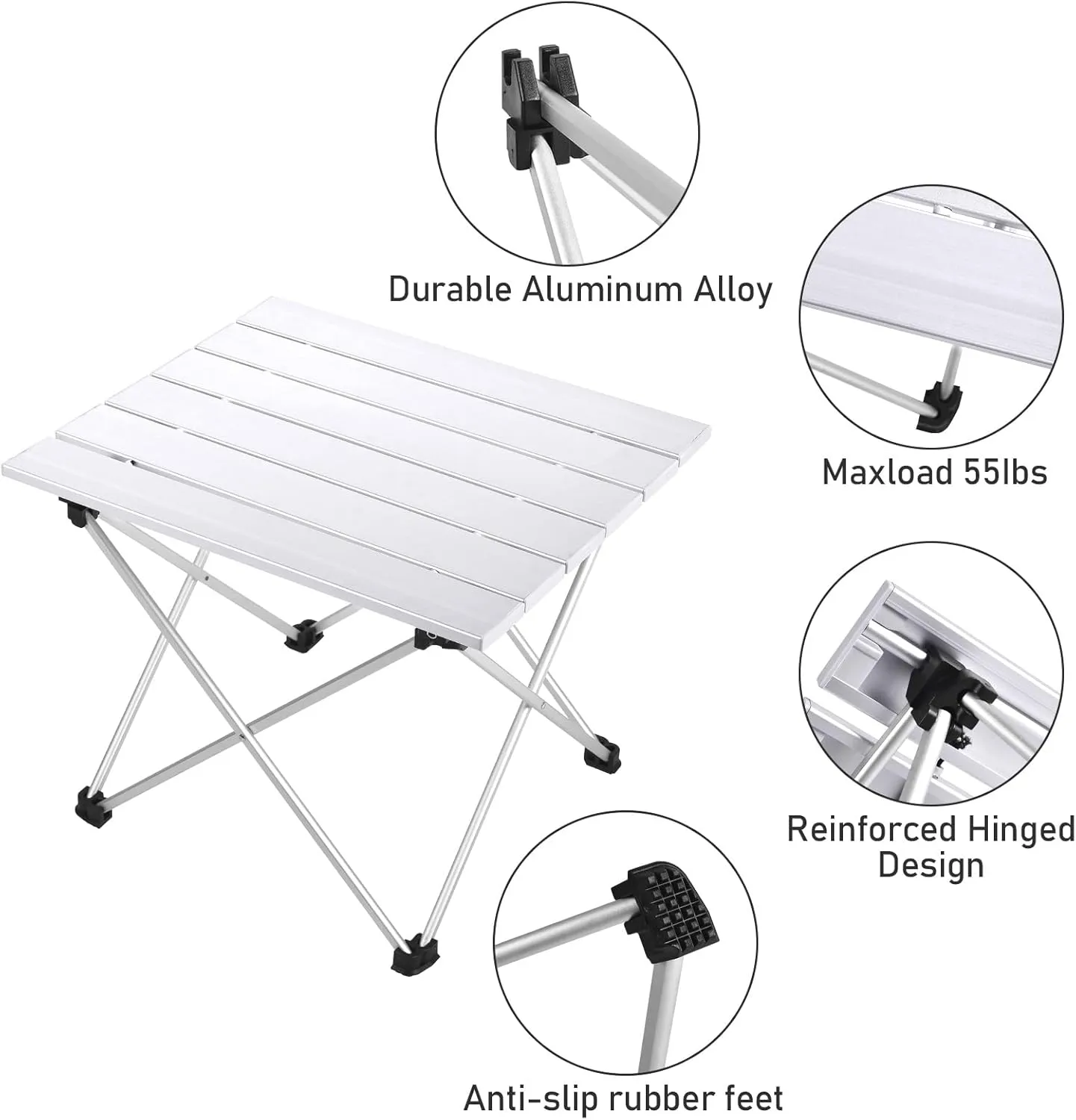 Tesouro Portable Camping Table,Folding Side Table Aluminum Top for Outdoor Cooking, Hiking, Travel, Picnic (Small, Sliver)