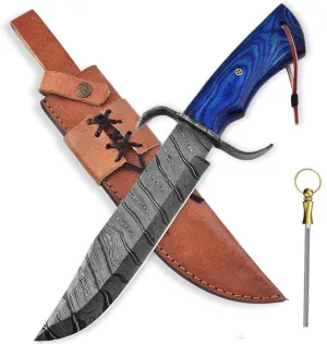 The Expandable Handmade Bowie Knife , Damascus Bowie Knife With Sheath , Damascus Hunting Knife , Damascus Knife , Knife With Sheath , Fixed Blade Knife - Ideal for Survival , Chopping , Camping , Outdoor Activities - Ash Wood Handle (Blue Wood)