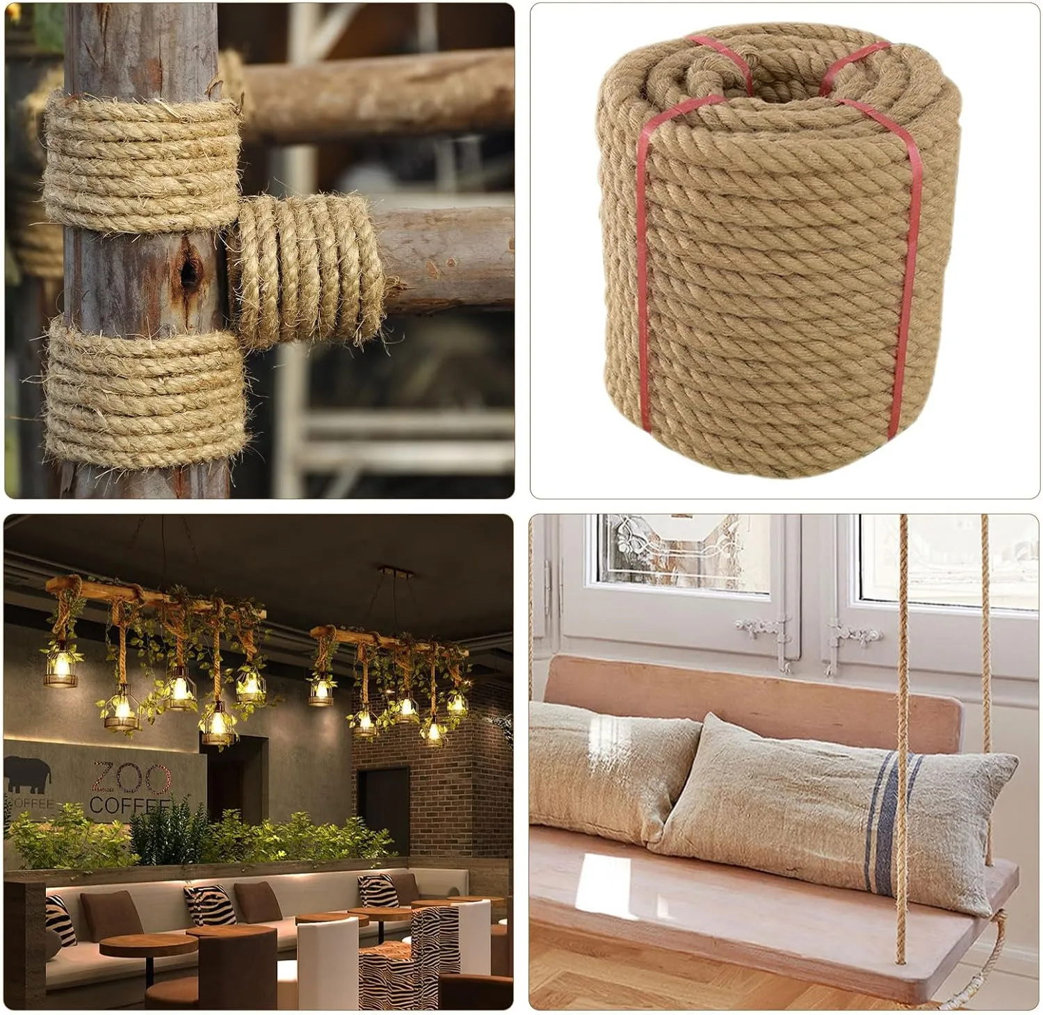 Thick Twisted Manila Ropes 1/2inx100ft Natural Jute Rope Heavy Duty Hemp Rope for Swing Bed, Crafts, Railing, Tug of War, Landscaping, Gardening, Bundling, Hammock, Home Decorating
