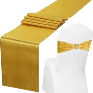 Tiamon 50 Pieces Spandex Chair Sashes with 11.8 x 108 Inch Satin Table Runner, Chair Band with Buckle Slider Stretch Cover Band Bow for Wedding Hotel Banquet Birthday Christmas Party(Gold)