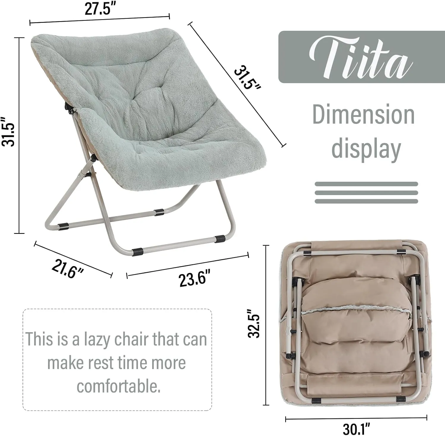 Tiita Comfy Folded Chair, Soft Faux Fur Oversized Folding Accent Chair, Lounge Lazy Chair for Kids Teens Adults, Metal Frame Moon Chair for Bedroom, Living Room, Dorm Rooms