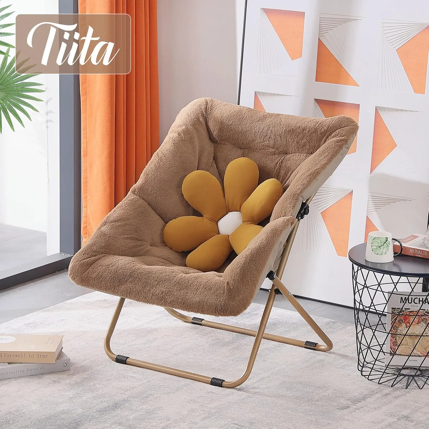 Tiita Comfy Folded Chair, Soft Faux Fur Oversized Folding Accent Chair, Lounge Lazy Chair for Kids Teens Adults, Metal Frame Moon Chair for Bedroom, Living Room, Dorm Rooms