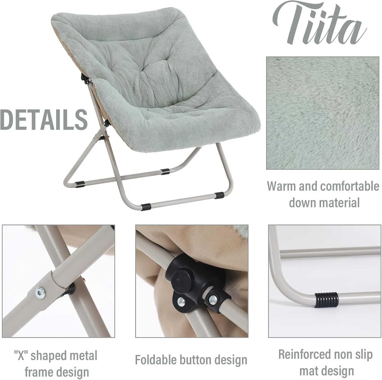Tiita Comfy Folded Chair, Soft Faux Fur Oversized Folding Accent Chair, Lounge Lazy Chair for Kids Teens Adults, Metal Frame Moon Chair for Bedroom, Living Room, Dorm Rooms