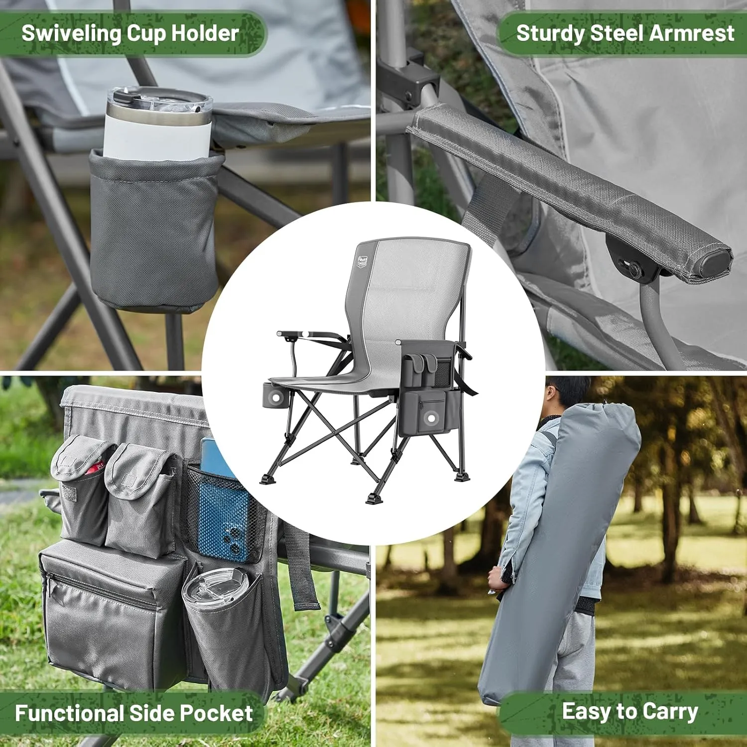 TIMBER RIDGE Oversized Folding Camping Chair with Lumbar Support Adjustable High Back Heavy Duty for Adults Aluminum Support up to 500lbs with Cup Holder, Cooler Bag, Side Pocket - 2Pack