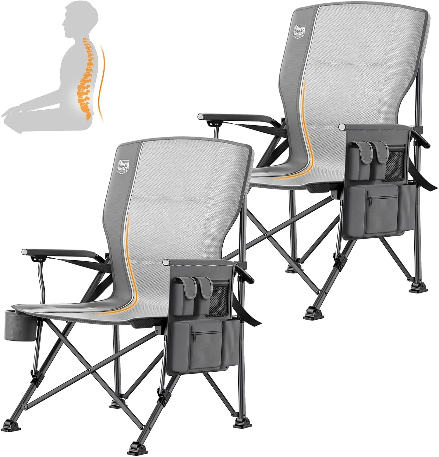 TIMBER RIDGE Oversized Folding Camping Chair with Lumbar Support Adjustable High Back Heavy Duty for Adults Aluminum Support up to 500lbs with Cup Holder, Cooler Bag, Side Pocket - 2Pack