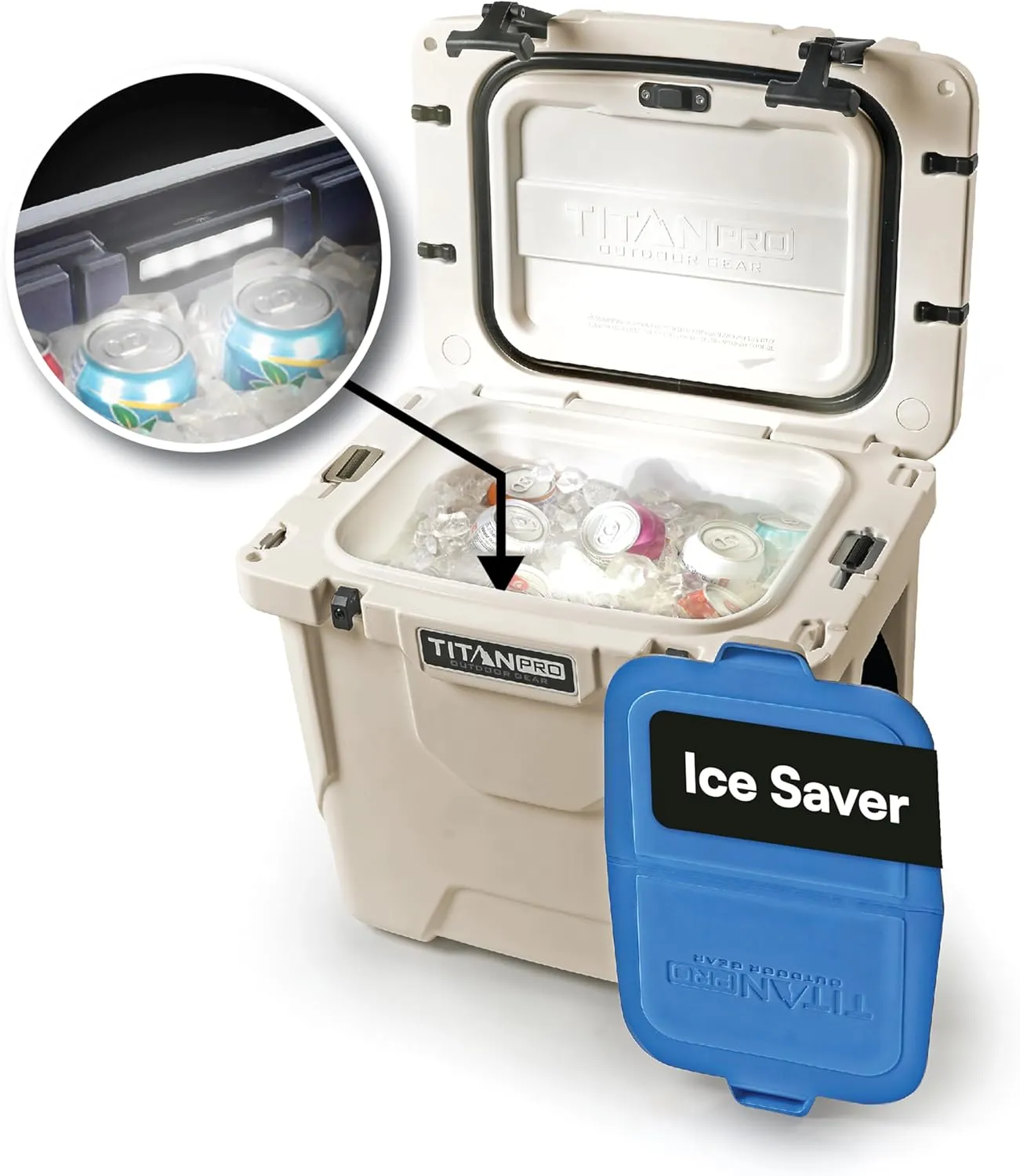 Titan PRO High Performance Ice Chest - 25 Quart Capacity - Hard Cooler with Interior LED Light, Ice Saver Performance Booster and Microban Protection - Driftwood Tan
