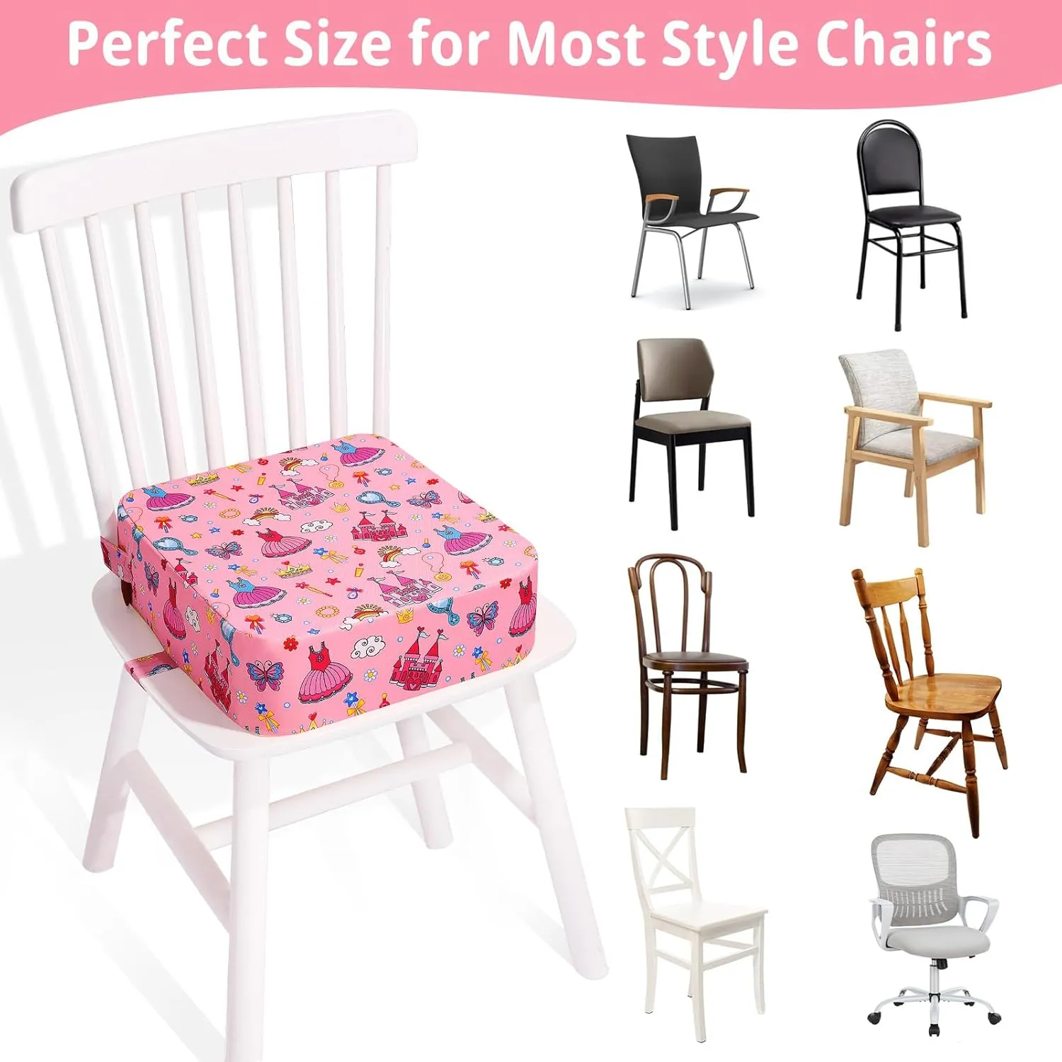 Toddler Booster Seat for Kitchen Chair, Non-Slip Kids Dining Table Booster Seat with Adjustable Safer Straps, Portable Baby Eating Travel Camping Increasing Cushion