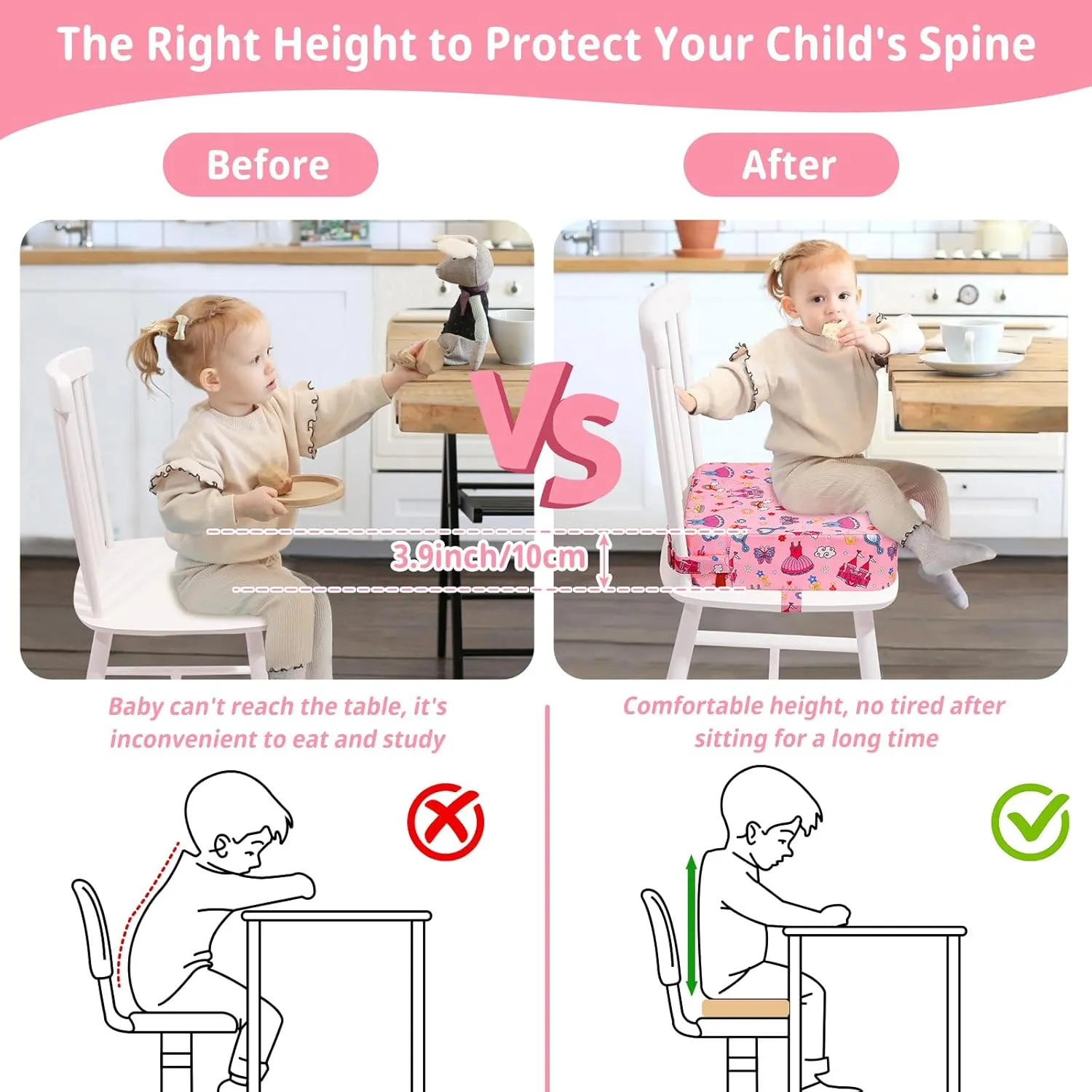 Toddler Booster Seat for Kitchen Chair, Non-Slip Kids Dining Table Booster Seat with Adjustable Safer Straps, Portable Baby Eating Travel Camping Increasing Cushion