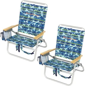 Tommy Bahama 2-Pack 4-Position Extended 12.8" seat Height Easy in-Easy Out Folding Backpack Beach Chair, Blue Tropical Leaves