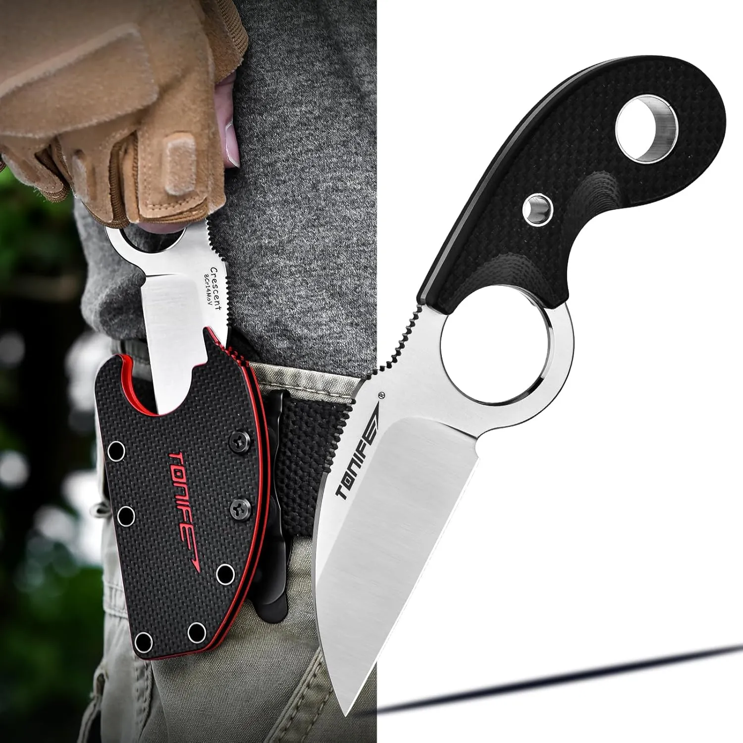 TONIFE Small Fixed Blade Knife Full Tang EDC Camping with Sheath Lanyard and Clip, Blade Length 2.17",2.5 oz.with Sheath (Black - Satin)