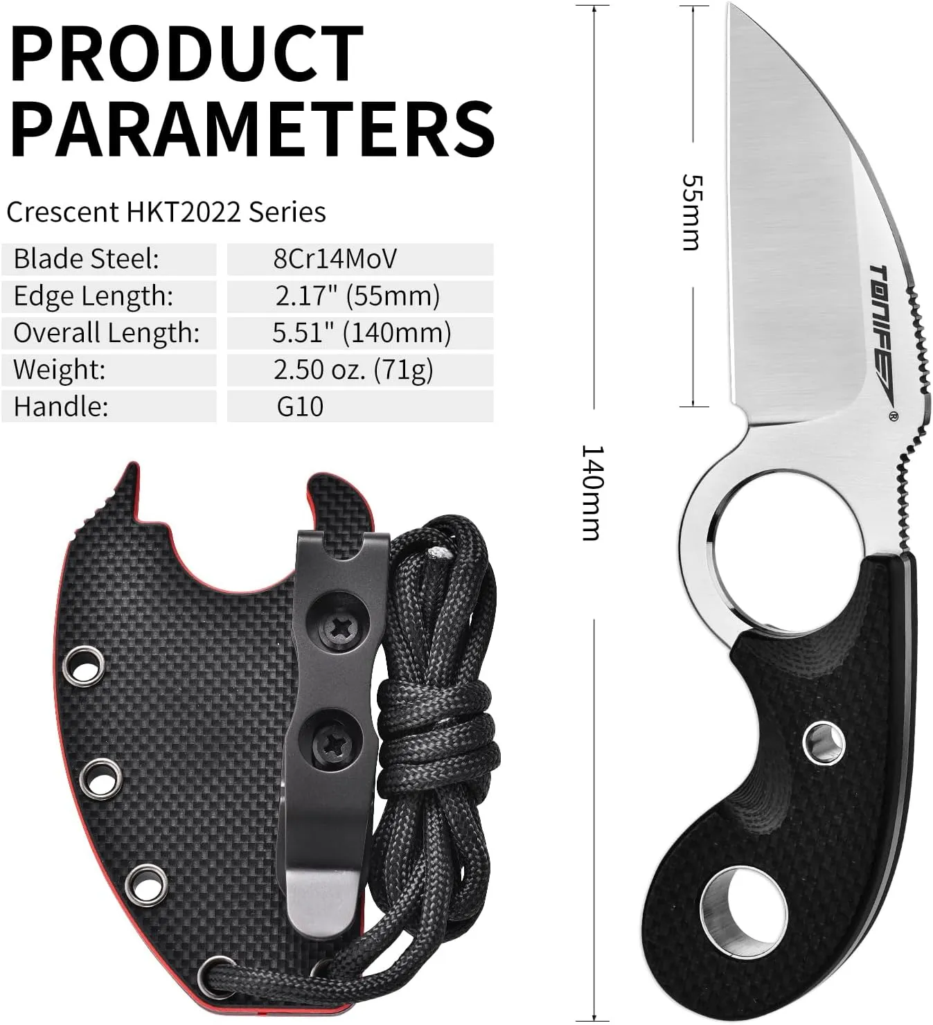 TONIFE Small Fixed Blade Knife Full Tang EDC Camping with Sheath Lanyard and Clip, Blade Length 2.17",2.5 oz.with Sheath (Black - Satin)
