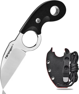 TONIFE Small Fixed Blade Knife Full Tang EDC Camping with Sheath Lanyard and Clip, Blade Length 2.17",2.5 oz.with Sheath (Black - Satin)