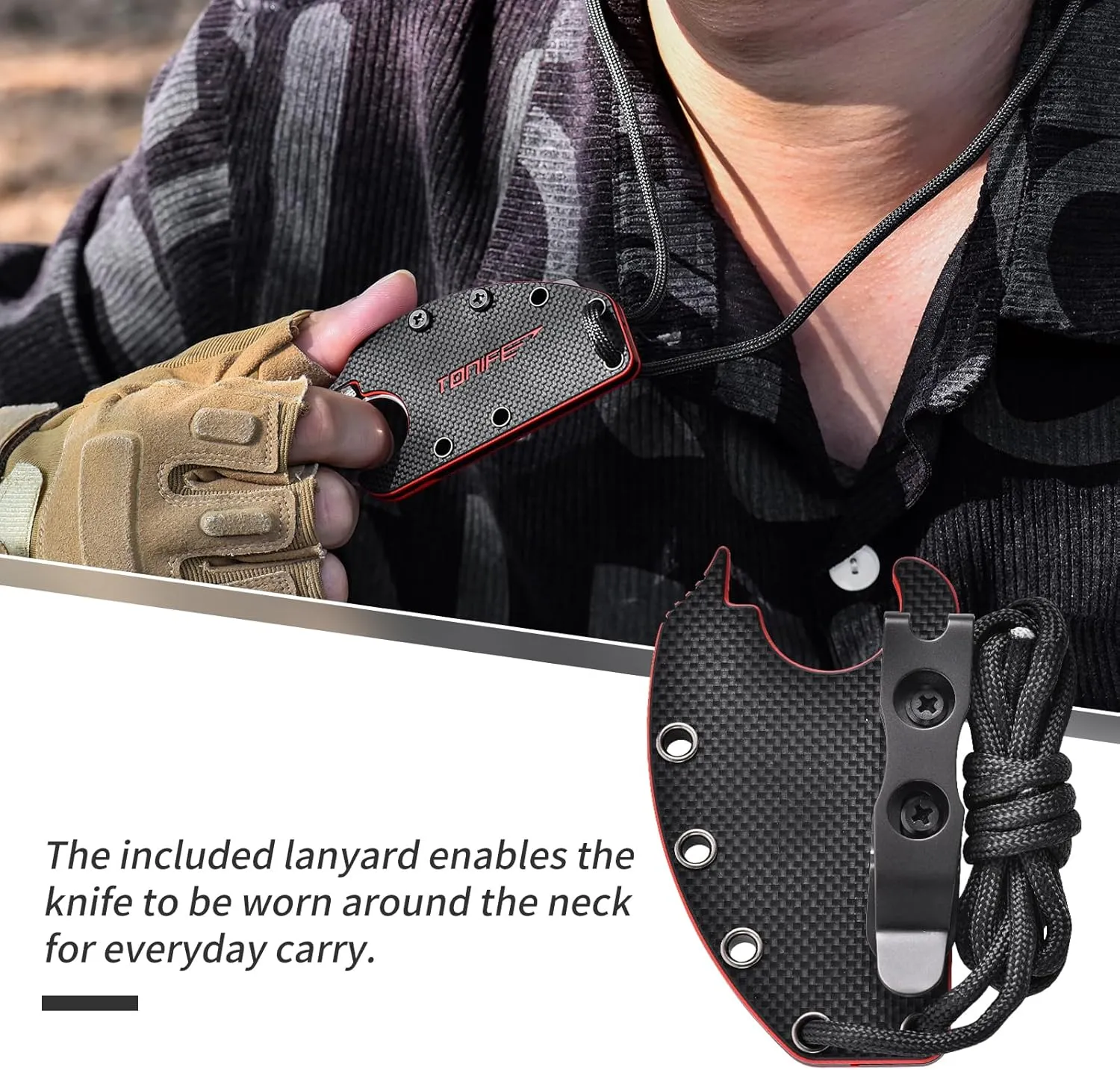 TONIFE Small Fixed Blade Knife Full Tang EDC Camping with Sheath Lanyard and Clip, Blade Length 2.17",2.5 oz.with Sheath (Black - Satin)