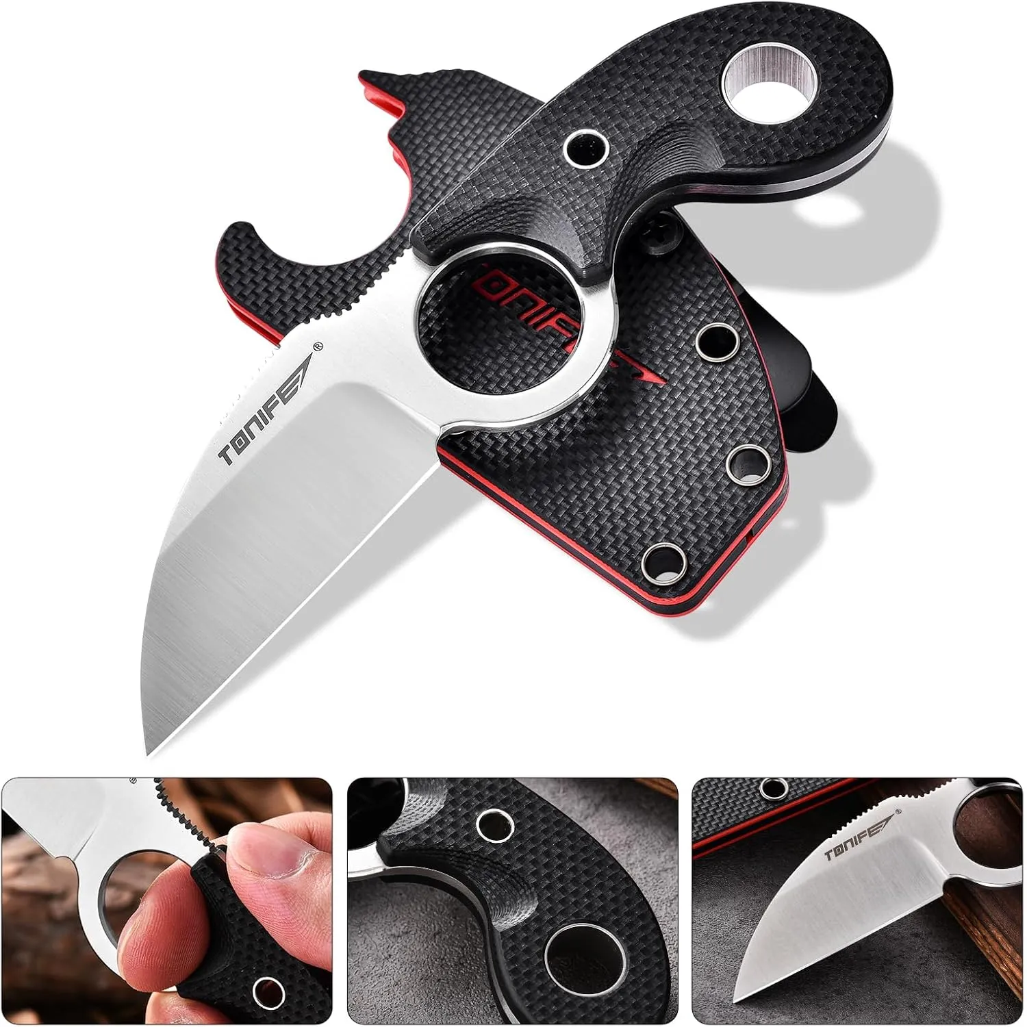 TONIFE Small Fixed Blade Knife Full Tang EDC Camping with Sheath Lanyard and Clip, Blade Length 2.17",2.5 oz.with Sheath (Black - Satin)