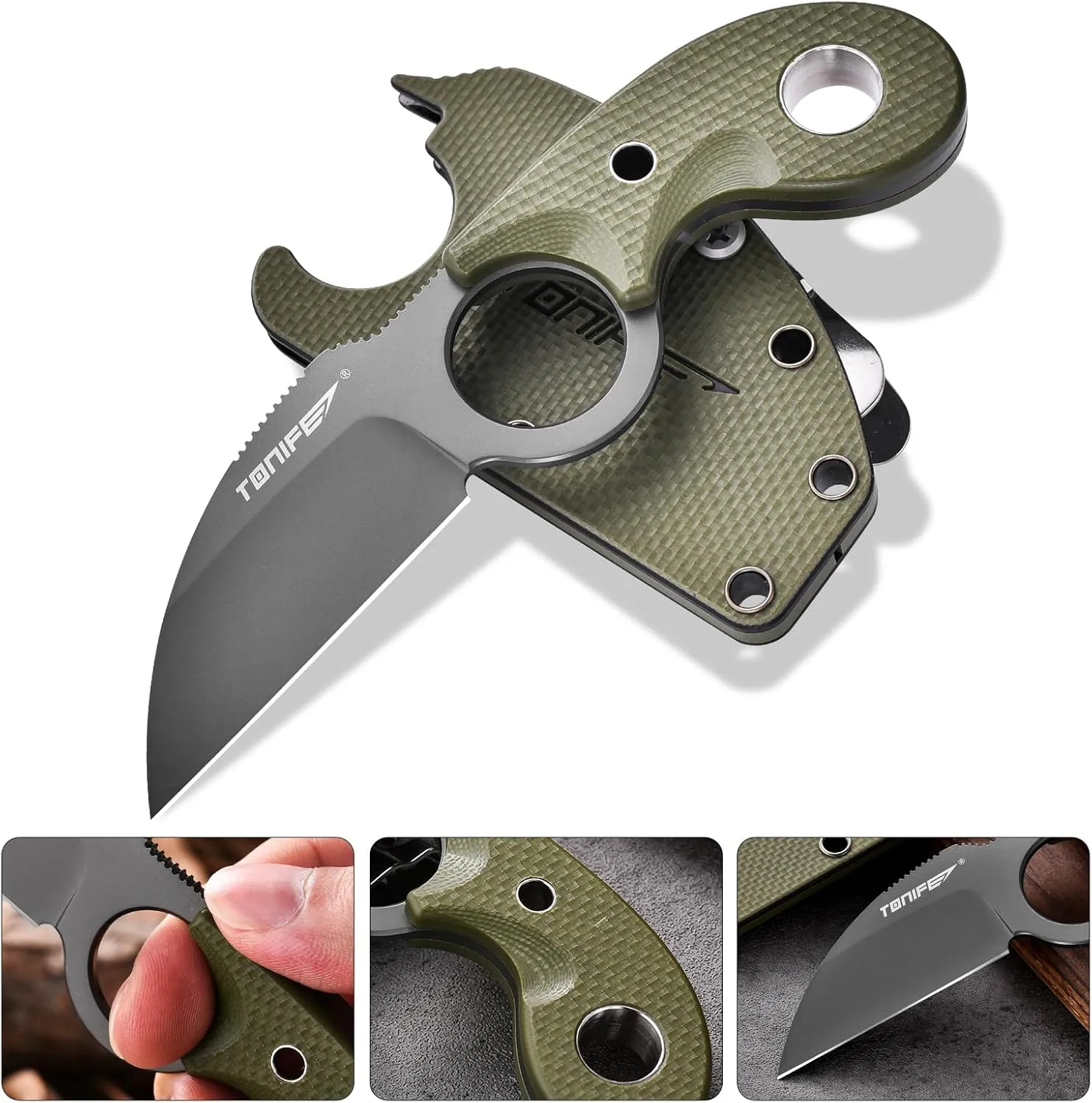 TONIFE Small Fixed Blade Knife Full Tang EDC Camping with Sheath Lanyard and Clip, Blade Length 2.17",2.5 oz.with Sheath (Green - Gray Titanium)