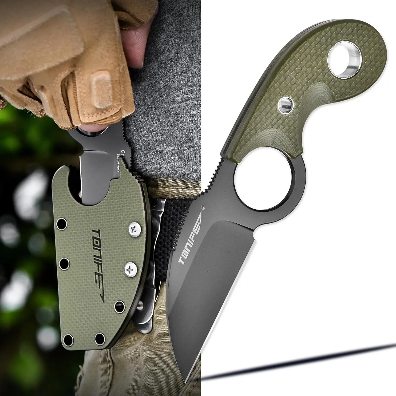 TONIFE Small Fixed Blade Knife Full Tang EDC Camping with Sheath Lanyard and Clip, Blade Length 2.17",2.5 oz.with Sheath (Green - Gray Titanium)