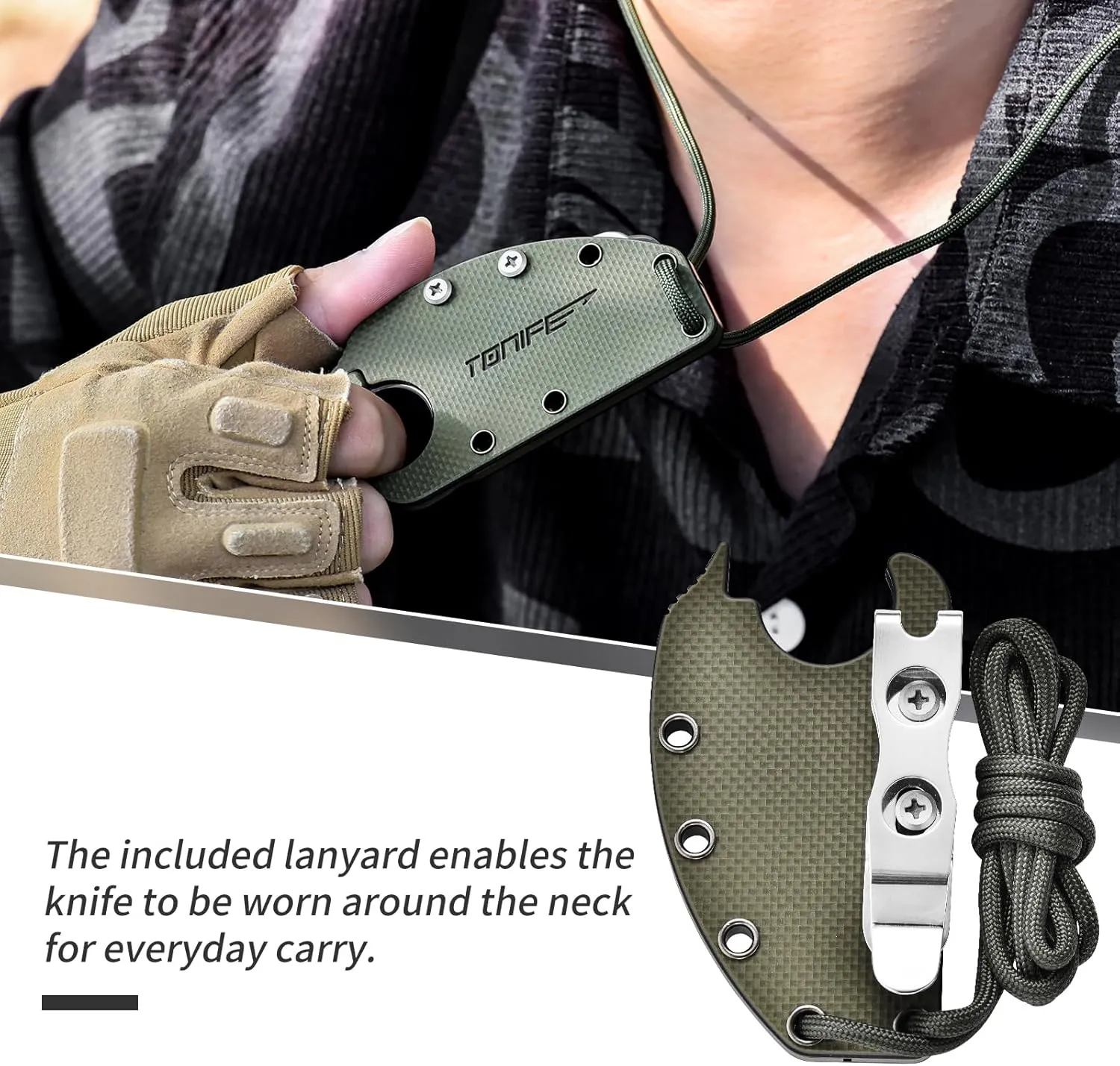 TONIFE Small Fixed Blade Knife Full Tang EDC Camping with Sheath Lanyard and Clip, Blade Length 2.17",2.5 oz.with Sheath (Green - Gray Titanium)