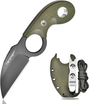 TONIFE Small Fixed Blade Knife Full Tang EDC Camping with Sheath Lanyard and Clip, Blade Length 2.17",2.5 oz.with Sheath (Green - Gray Titanium)