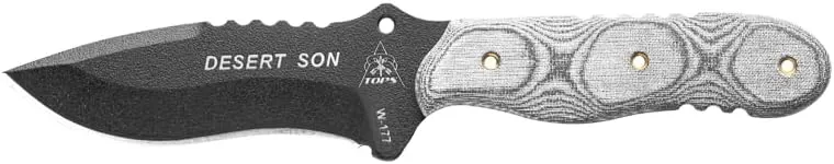 Tops Knives Desert Son Full Tang Fixed Blade- Black Traction Coating Blade Finish- Black Kydex Sheath w/Rotating Spring Steel Clip (Black Linen Micarta Handle)