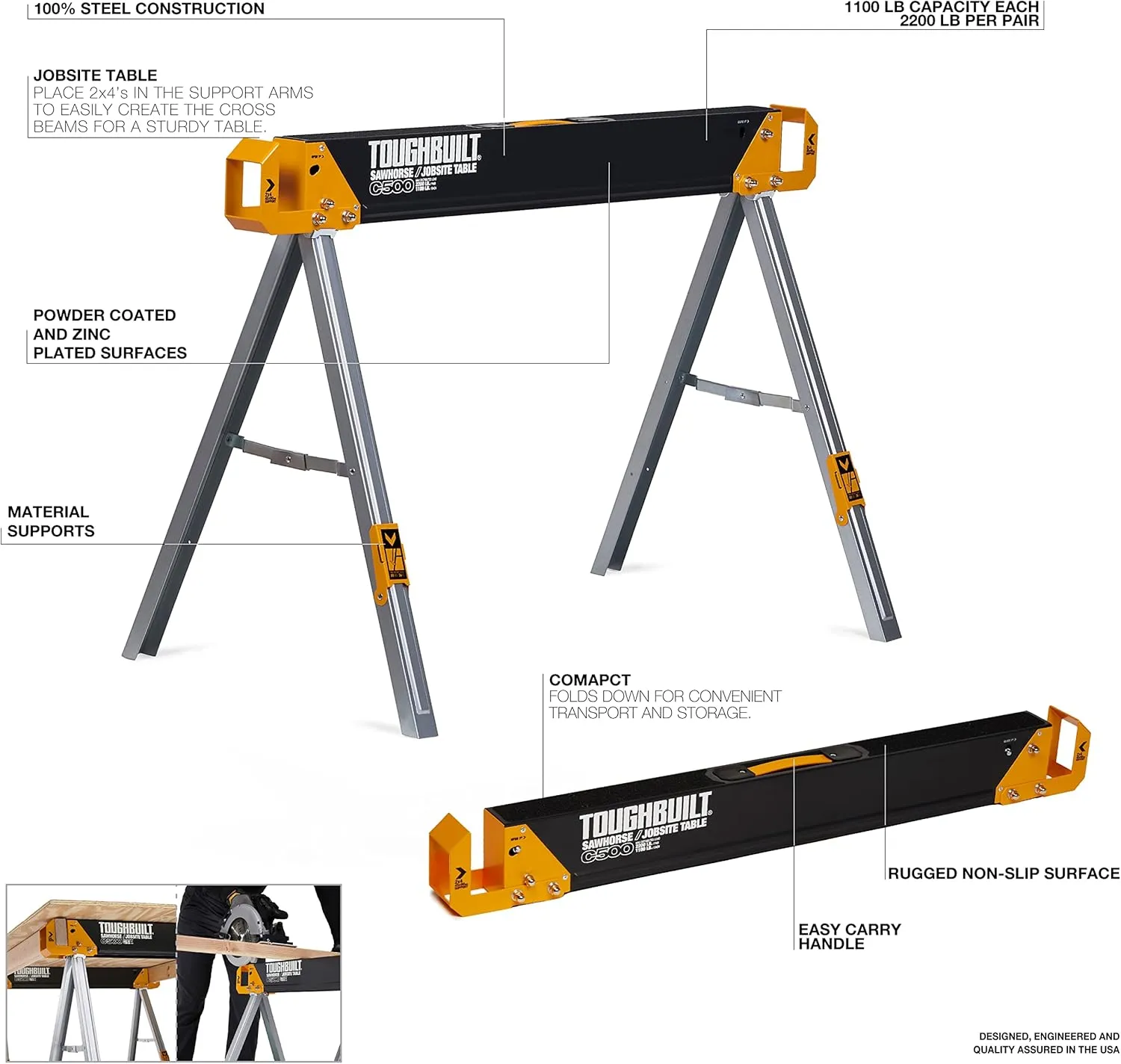 ToughBuilt - Sawhorse with 2x4 Support Arms 1100 LB Capacity - Heavy Duty Construction with Fast Open Legs and Easy Grip Handle - (TB-C500)