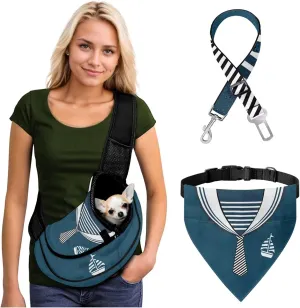 Travel Portable Diagonal Shoulder Bag Set with Nautical Design - Includes Sailboat Pattern Sling, Safety Car Seat Leash & Sailor Collar Bandana for Dogs & Cats for Pet Day Grooming Costumes