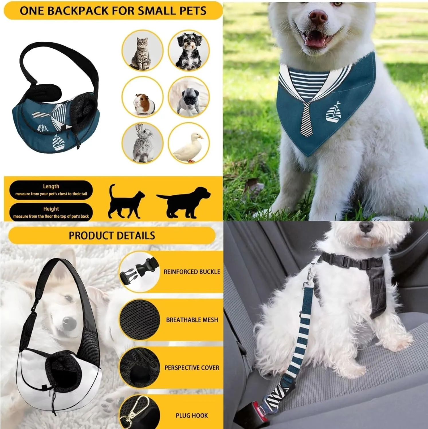 Travel Portable Diagonal Shoulder Bag Set with Nautical Design - Includes Sailboat Pattern Sling, Safety Car Seat Leash & Sailor Collar Bandana for Dogs & Cats for Pet Day Grooming Costumes