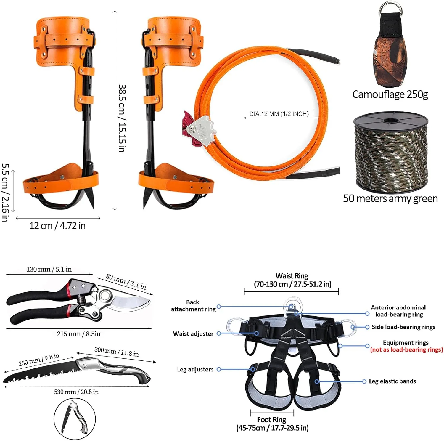Tree Climbing Gear，Tree Climbing Spikes, Tree Climbing Gear with Adjustable Climbing Straps and Steel Core Flip Line, Rock Climbing Kit with Triple Lock Lanyard Adjuster