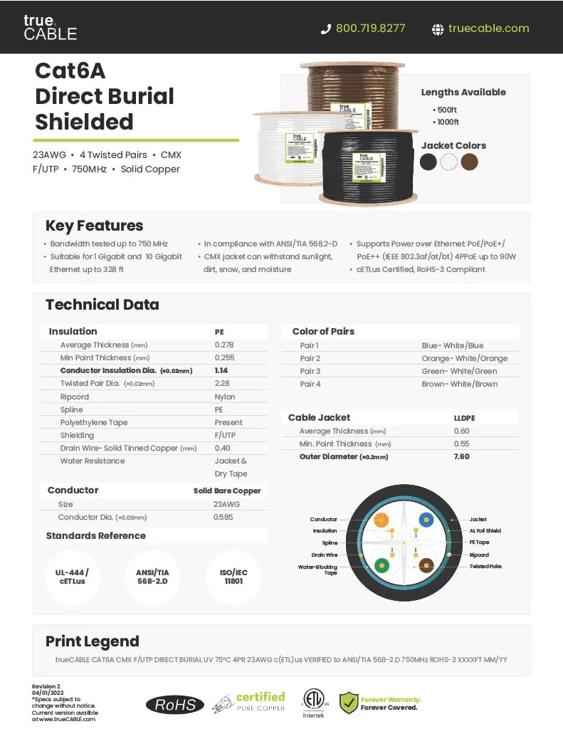 trueCABLE Cat6A Direct Burial, Shielded FTP, 1000ft, Waterproof, Outdoor Rated CMX, Black, 23AWG Solid Bare Copper, 750MHz, PoE   (4PPoE), ETL Listed, Bulk Ethernet Cable
