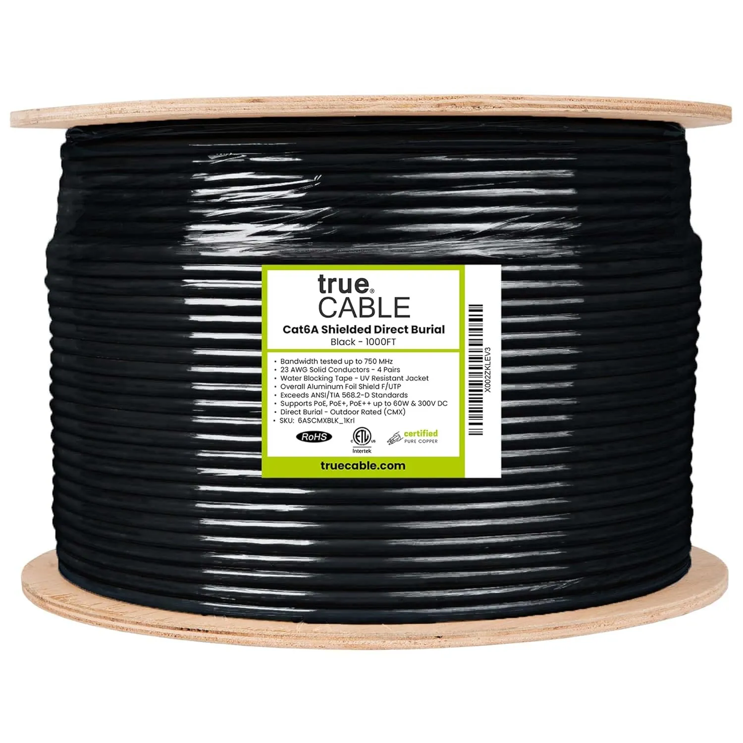 trueCABLE Cat6A Direct Burial, Shielded FTP, 1000ft, Waterproof, Outdoor Rated CMX, Black, 23AWG Solid Bare Copper, 750MHz, PoE   (4PPoE), ETL Listed, Bulk Ethernet Cable