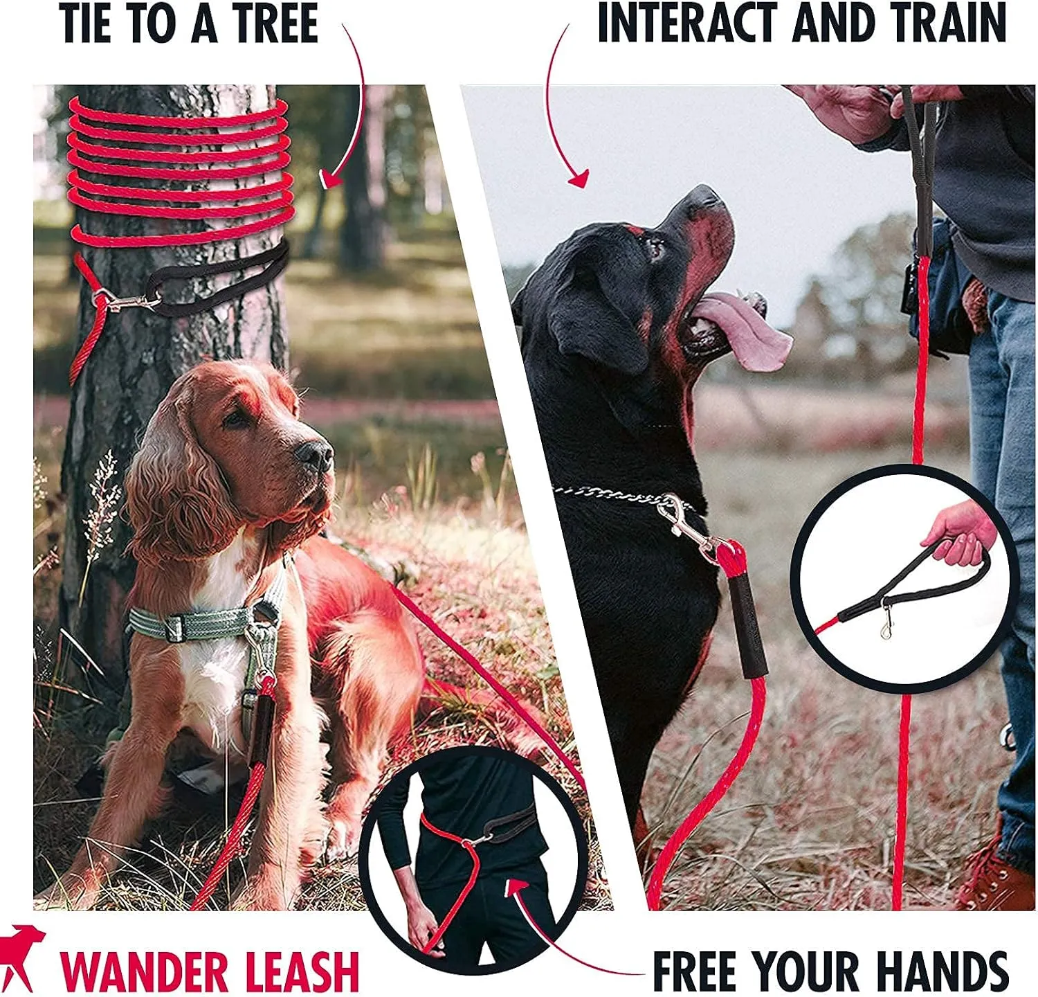 Tuff Pupper Heavy Duty 30 Foot Long Rope Leash for Dogs | Dog Recall Training Lead | High Visibility Strong Climbing Rope Leash | Hand or Waist Worn | Stainless Steel 360° Clips for Tangle Free Use