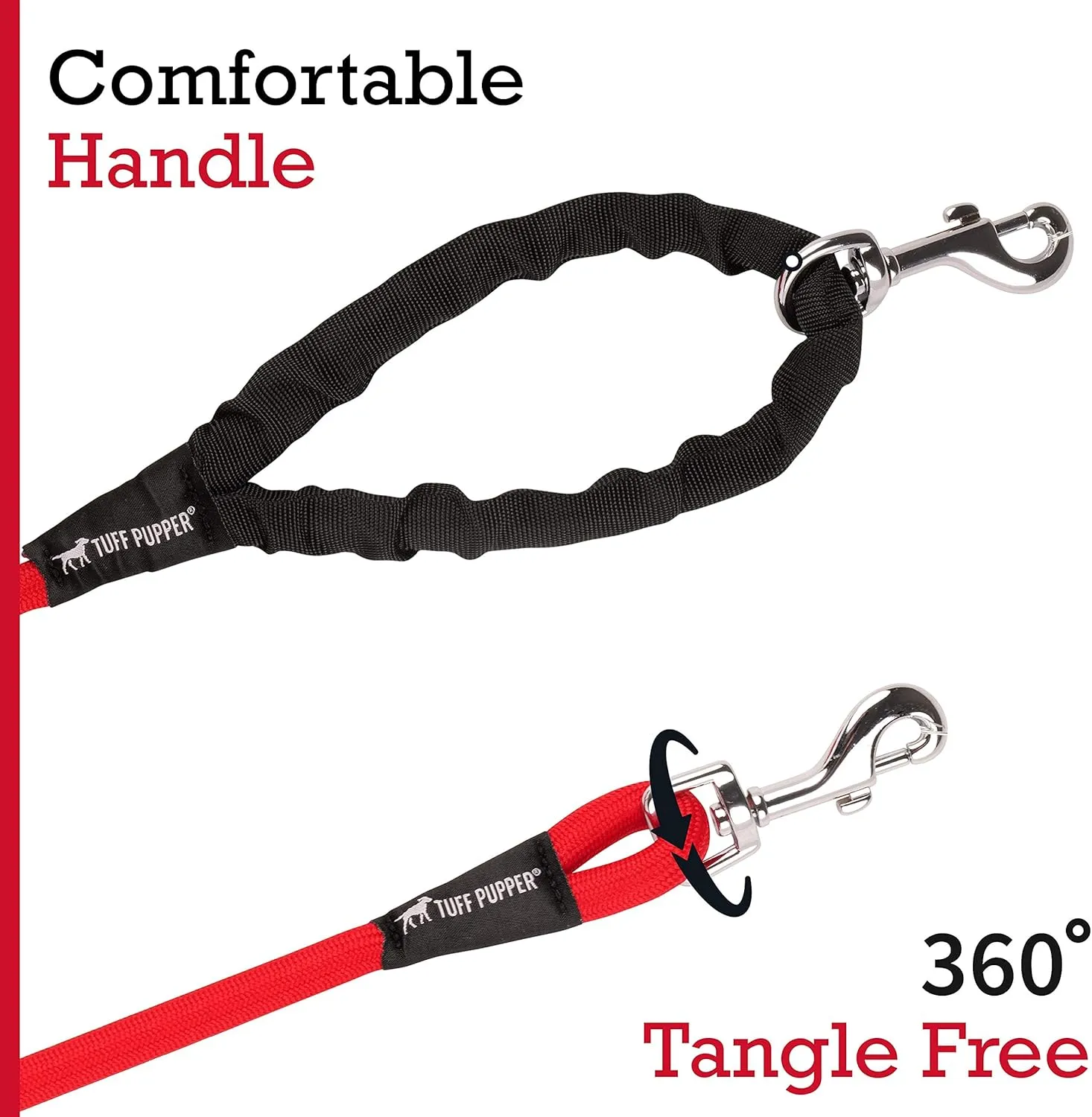 Tuff Pupper Heavy Duty 30 Foot Long Rope Leash for Dogs | Dog Recall Training Lead | High Visibility Strong Climbing Rope Leash | Hand or Waist Worn | Stainless Steel 360° Clips for Tangle Free Use