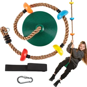 TURFEE Tree Swing for Kids - Single Disc Seat and Climbing Rope Set w/Carabiner & 4 Ft Strap - Treehouse and Outdoor Playground Accessories - Green ﻿