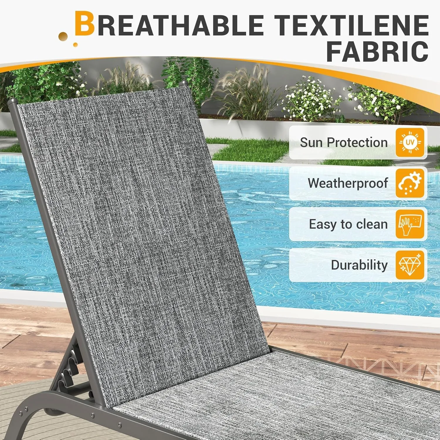 UDPATIO Aluminum Patio Lounge Chairs Outdoor Chaise Set of 3, Pool Lounge Chair with 5-Level Backrest Lounger with Wheels and Side Table for Beach Patio Lawn Easy Assembly & Lightweight