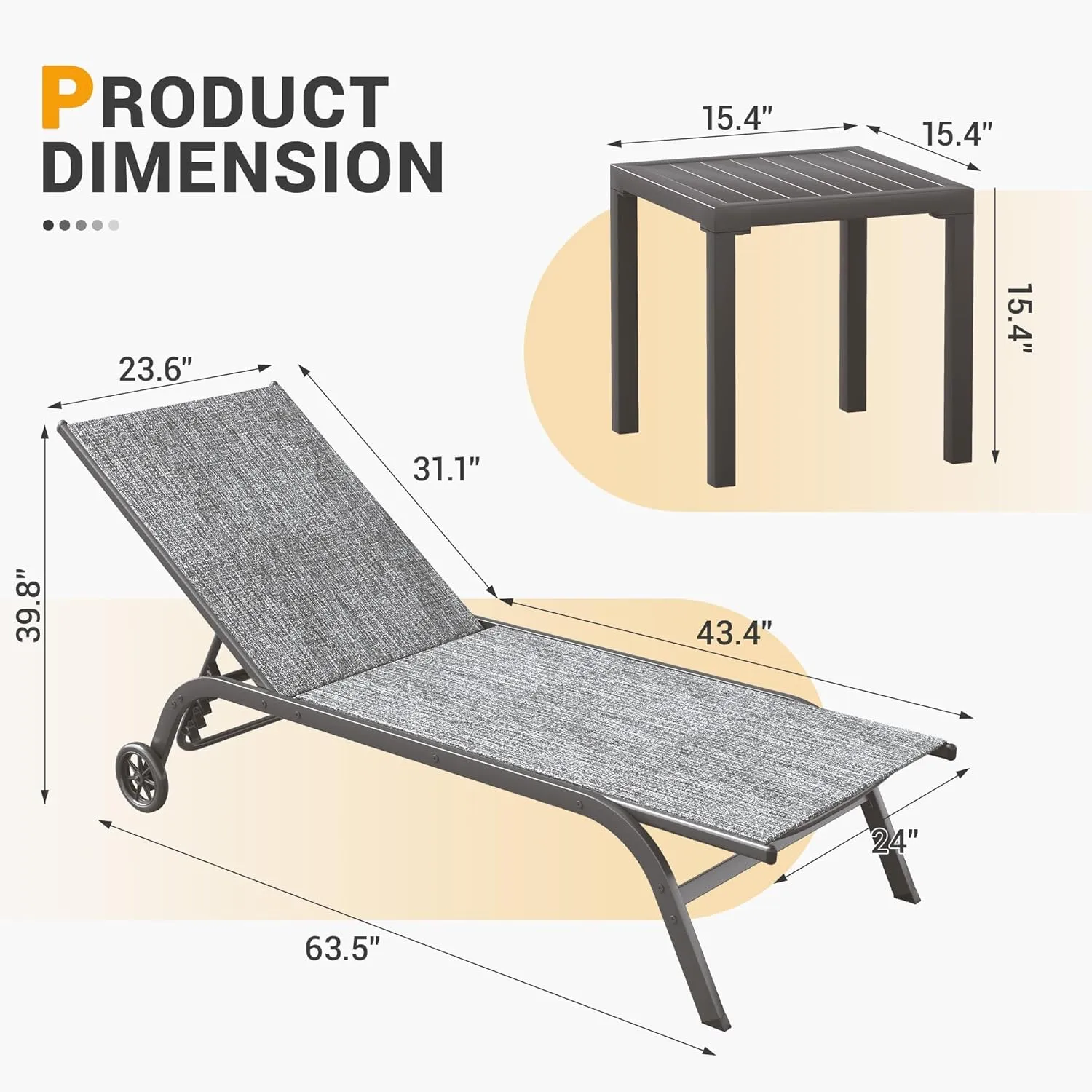 UDPATIO Aluminum Patio Lounge Chairs Outdoor Chaise Set of 3, Pool Lounge Chair with 5-Level Backrest Lounger with Wheels and Side Table for Beach Patio Lawn Easy Assembly & Lightweight