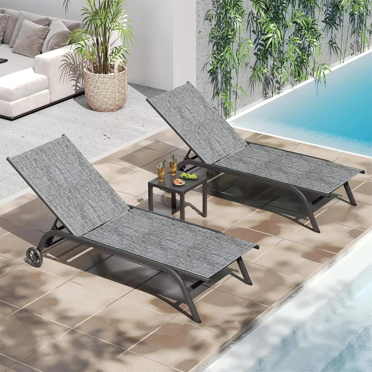 UDPATIO Aluminum Patio Lounge Chairs Outdoor Chaise Set of 3, Pool Lounge Chair with 5-Level Backrest Lounger with Wheels and Side Table for Beach Patio Lawn Easy Assembly & Lightweight