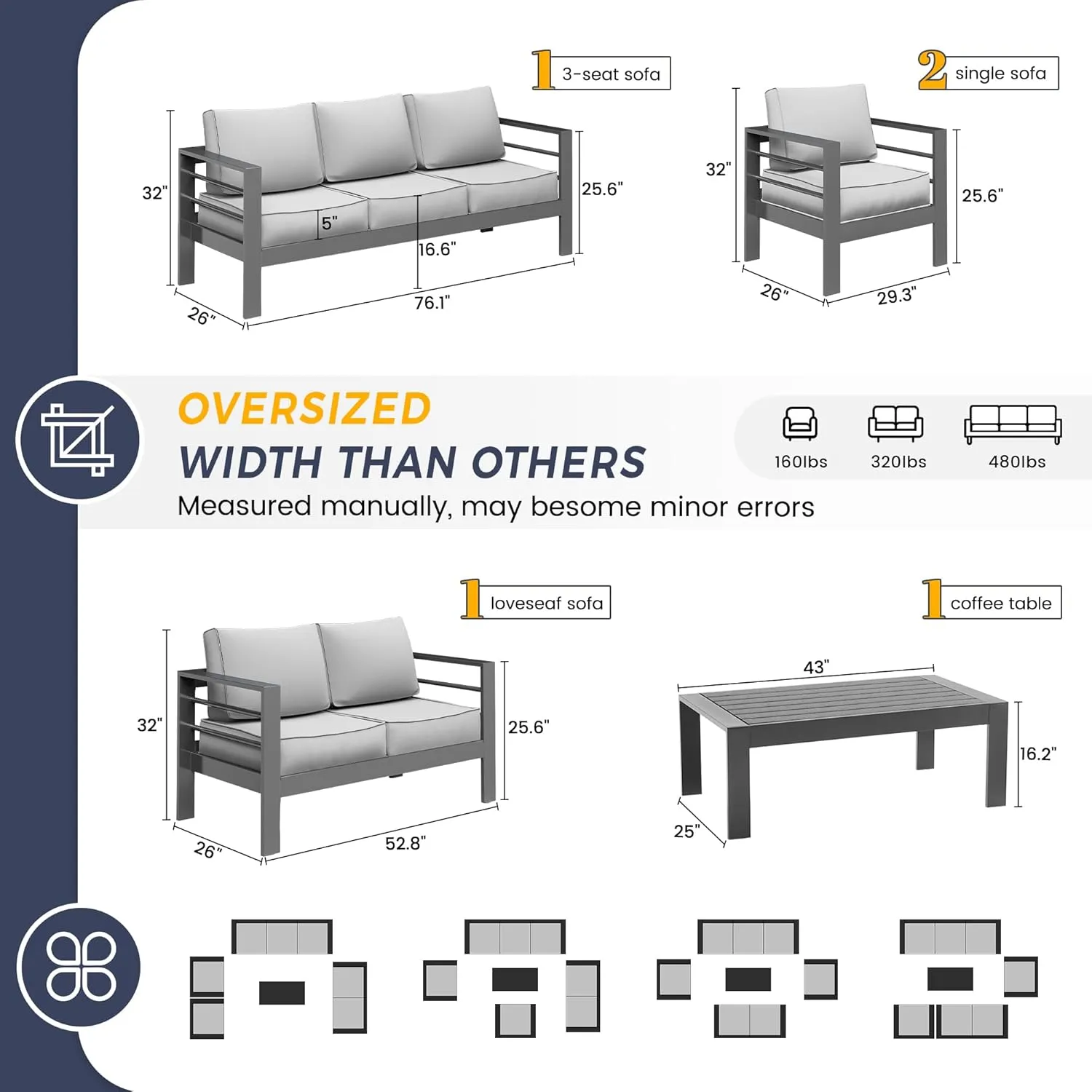 UDPATIO Oversized Aluminum Patio Furniture Set, Modern Outdoor Patio Conversation Sets, Patio Sectional Sofa Set w/ 5 Inch Cushion for Patio Poolside, Deck,(Include 4 Sofa Cover)