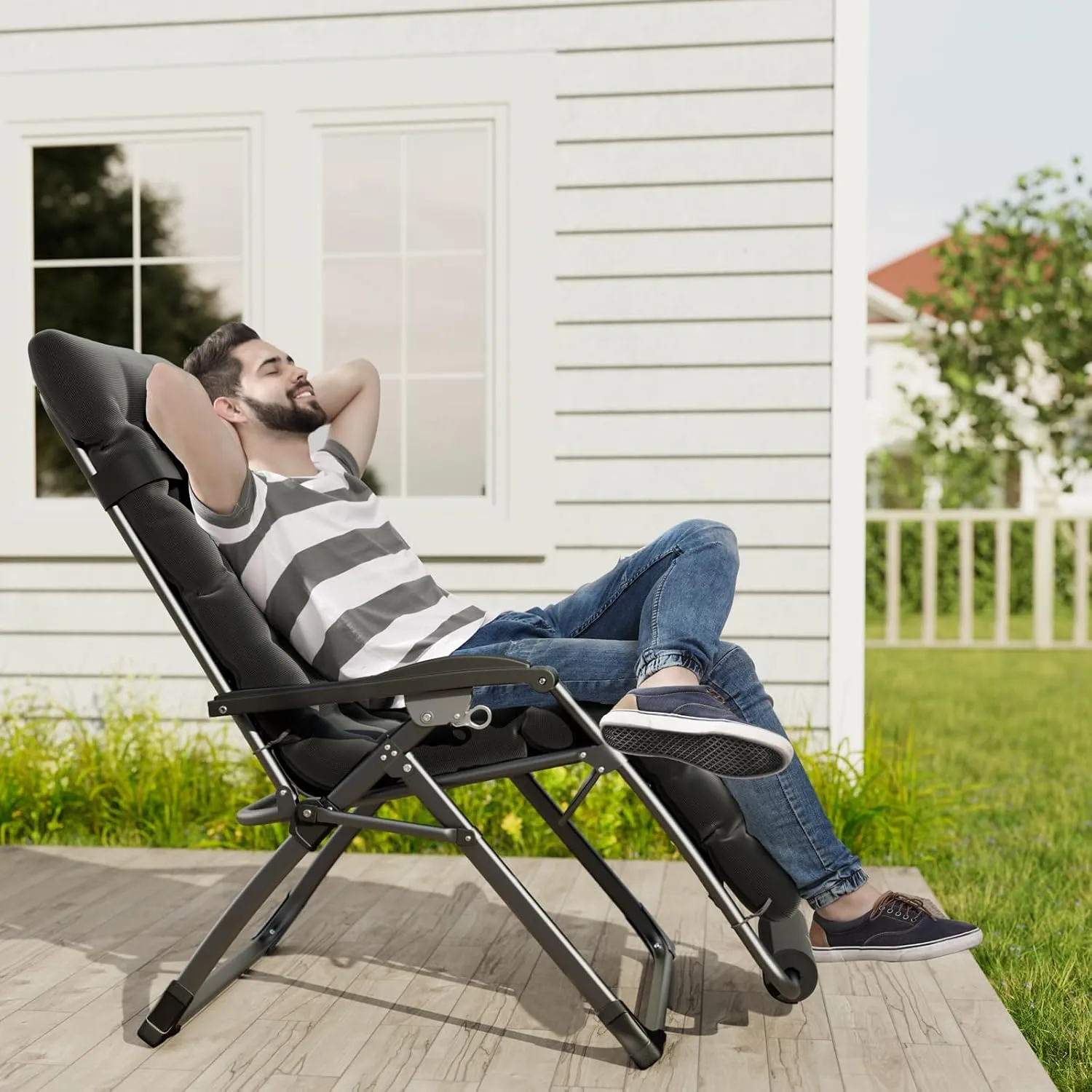 UDPATIO Oversized Zero Gravity Chair, 33In XXL Patio Reclining Chair with Cushion, Outdoor Folding Recliner with Pillows|Cup Holder|Foot Rest|Padded Headrest, Brown, Support 500LB