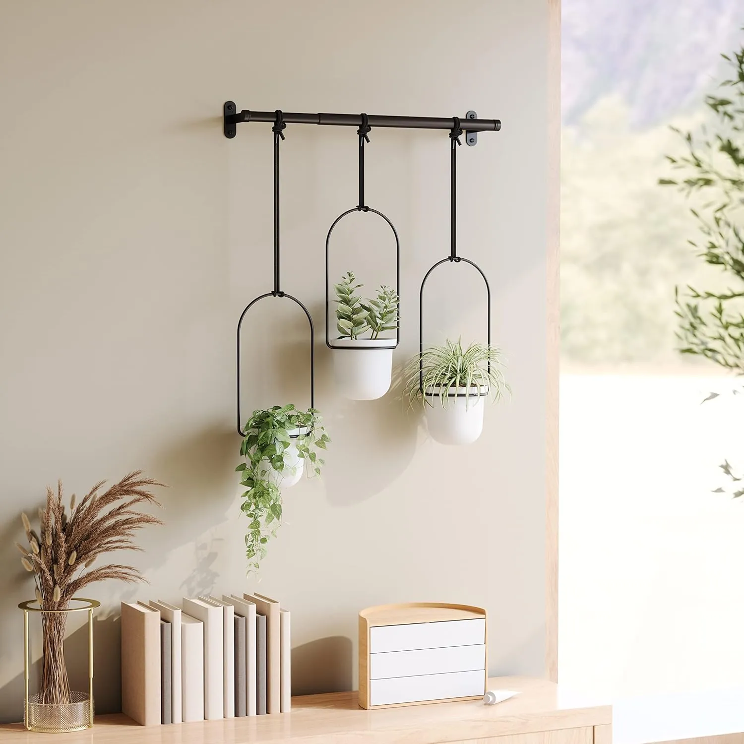 Umbra Triflora Hanging Planter for Window, Indoor Herb Garden, Set of 3, White/Black
