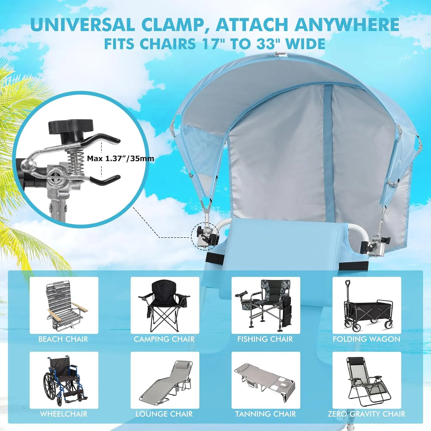 Universal Chair Umbrella, UPF 50  Sun Shade with Adjustable Clamp Clip for Beach, Outdoor, Sports, Lawn, Zero Gravity, Wheelchair, Wagon (Patent Design)