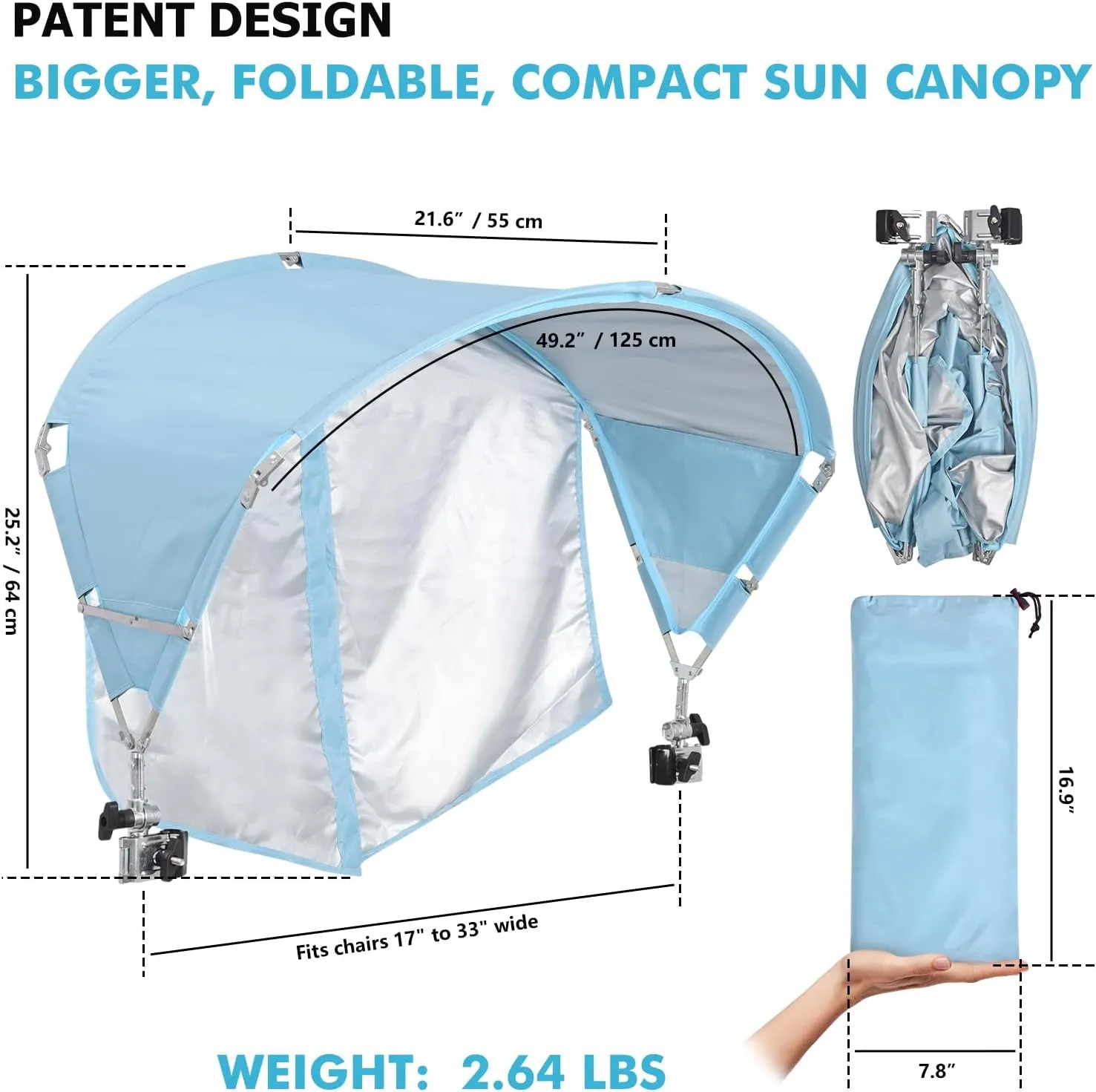 Universal Chair Umbrella, UPF 50  Sun Shade with Adjustable Clamp Clip for Beach, Outdoor, Sports, Lawn, Zero Gravity, Wheelchair, Wagon (Patent Design)