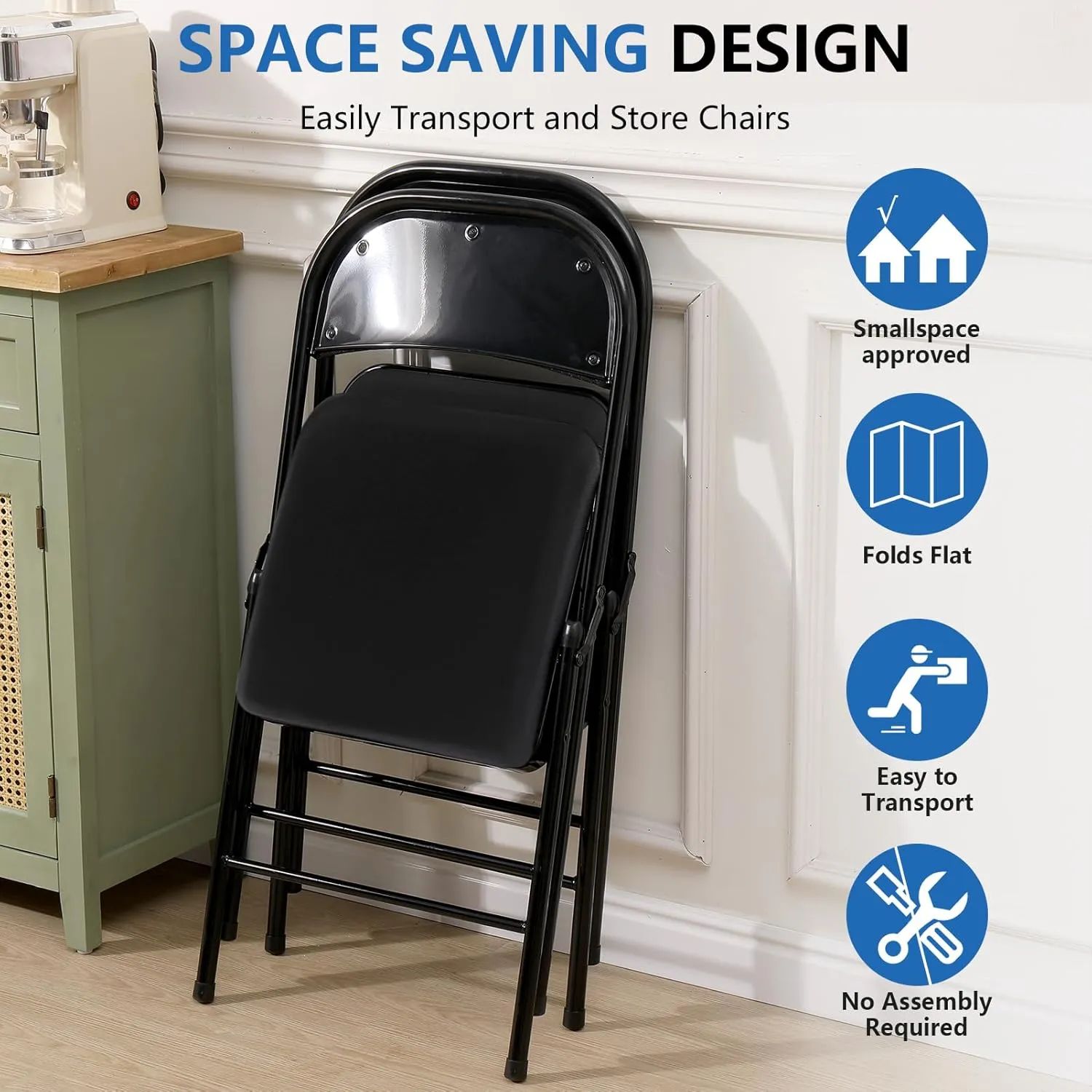 Upgrade 4 Pack Folding Chair with Cushion Heavy Duty Folding Chair for Outside and Indoor Padded Vinyl Folding Chairs Durable Steel Frame for Home and Office Party, Black