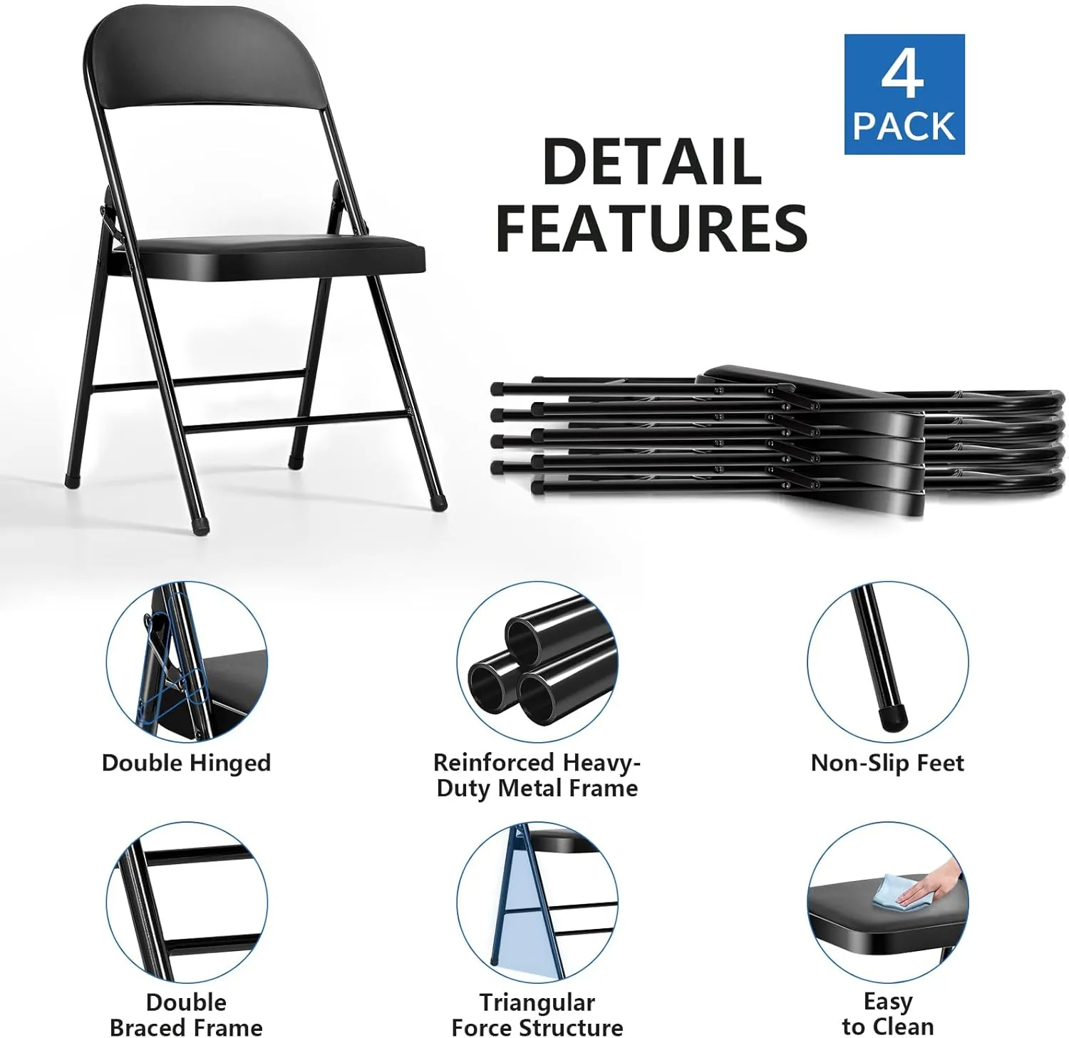 Upgrade 4 Pack Folding Chair with Cushion Heavy Duty Folding Chair for Outside and Indoor Padded Vinyl Folding Chairs Durable Steel Frame for Home and Office Party, Black