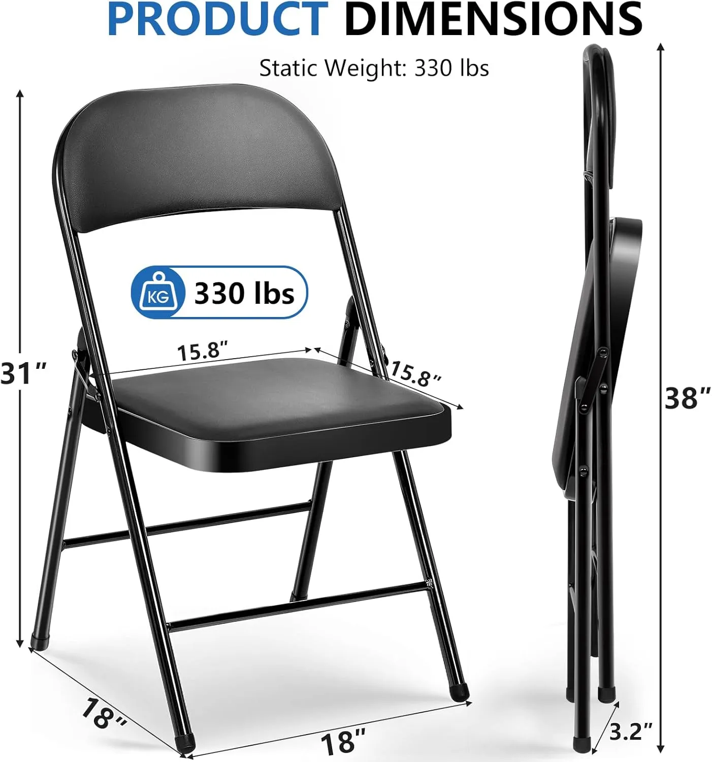 Upgrade 4 Pack Folding Chair with Cushion Heavy Duty Folding Chair for Outside and Indoor Padded Vinyl Folding Chairs Durable Steel Frame for Home and Office Party, Black